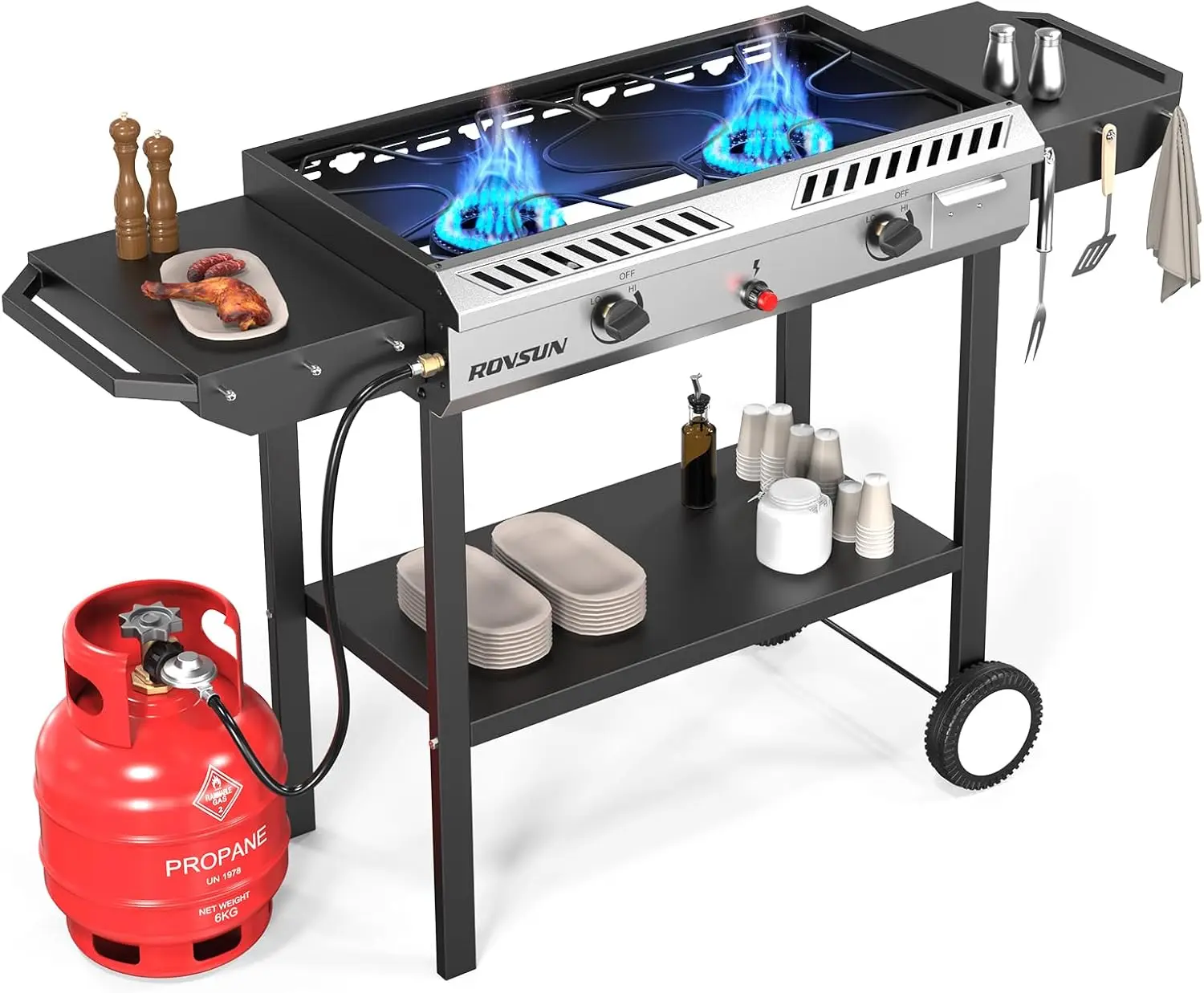 Estufa de gas propano para exteriores (2/3 quemadores) con encendido automático, regulador y estantes laterales — Potente cocina de pie de 150.000/225.000 BTU, ideal para cocinar en el patio trasero, elaboración casera de bebidas, envasado de alime