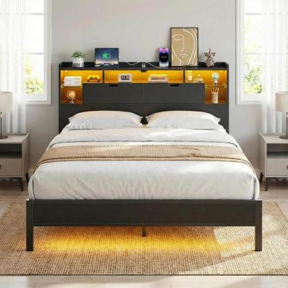 Cama Ironwood, Marco de Cama Metal Negro con Luces LED, 3 Puertos USB y 6 Estantes - Base de Almacenamiento, Resistente, Fácil Montaje (Individual / Matrimonial / Queen)