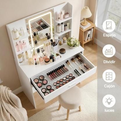 Tocador Moderno con Espejo, Mesa de Maquillaje con Cajón y Estantes, Organizador de Cosméticos para Dormitorio, Blanco