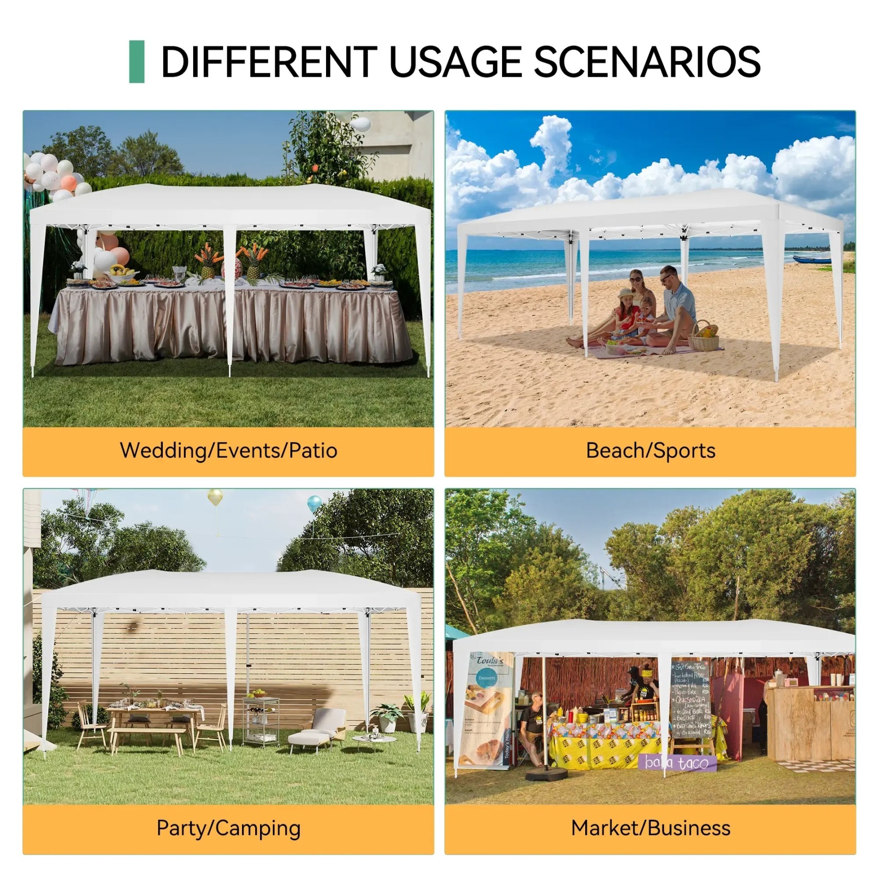 Carpa plegable resistente de 10x20 pies: cenador impermeable con 6 paredes laterales desmontables, 3 alturas ajustables y montaje rápido; incluye 18 estacas y 6 cuerdas. Ideal para fiestas, eventos, patios y jardines.