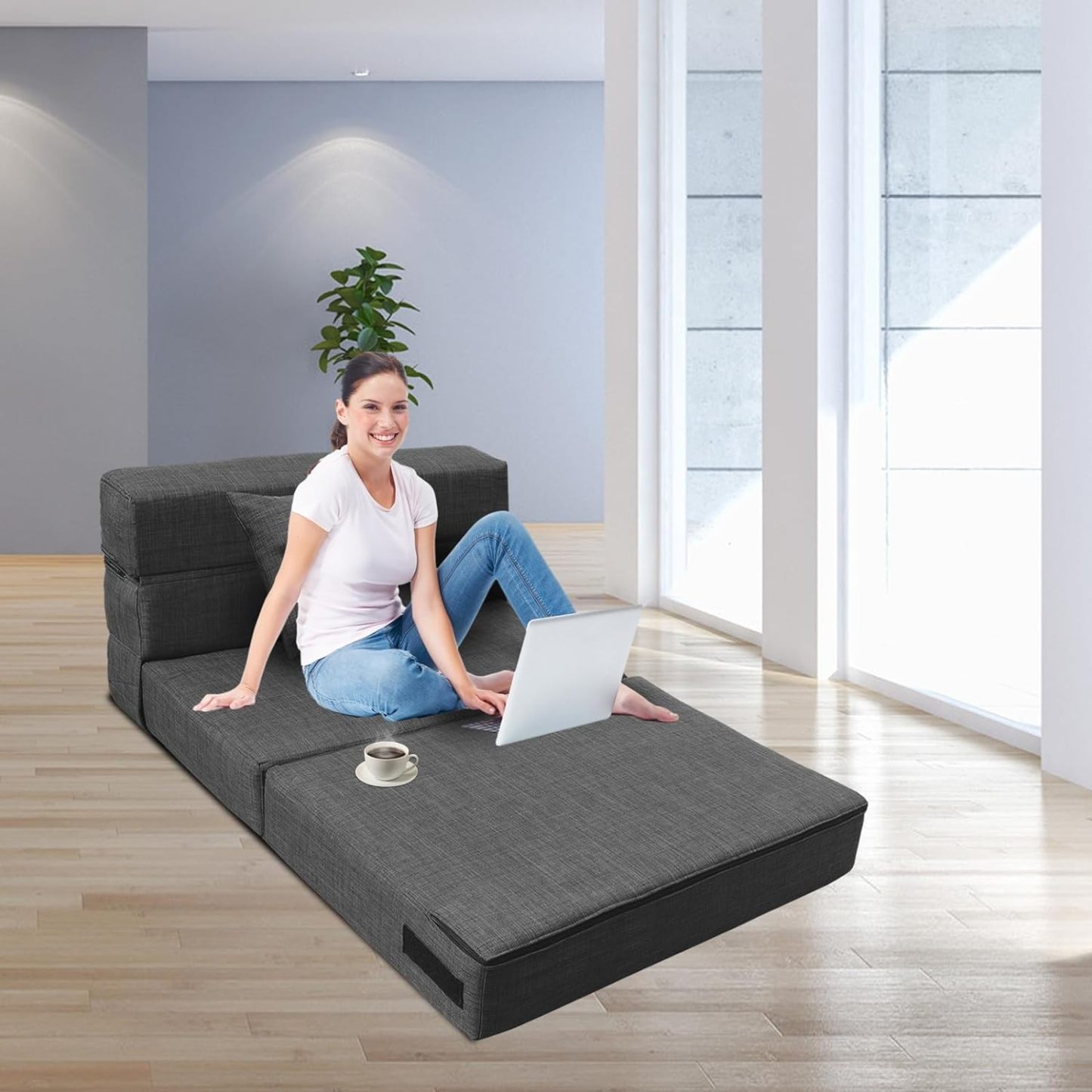 Nigoone - Sofá plegable tamaño Queen de espuma viscoelástica con 2 almohadas, sillón perezoso, triple futón, camas convertibles, funda lavable, gris oscuro
