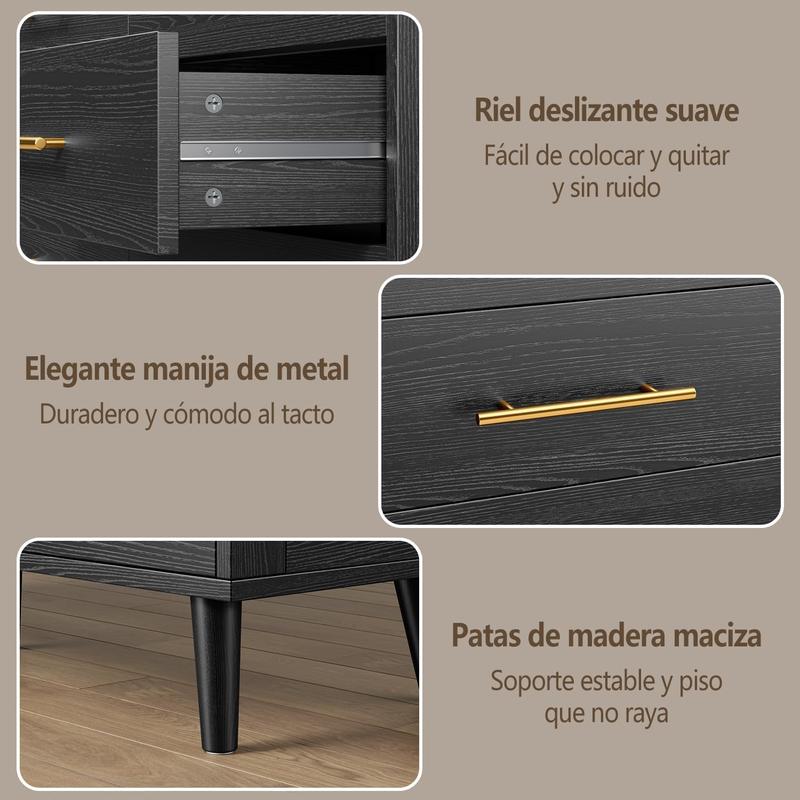 Cómoda de 6 Cajones para Recámara - Cajonera de Madera con Tiradores de Metal, Mueble de Almacenamiento Organizador para Dormitorio, Sala de Estar, Entrada (Negro)