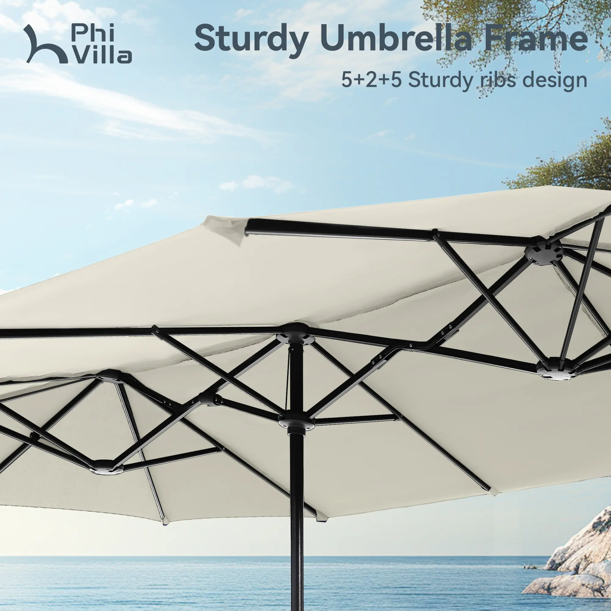 Sombrilla Solar para Patio de 15/13 pies con Base — Sombrilla Doble Extra Grande para Exteriores con 36 Luces LED y Manivela, Ideal para Jardín, Terraza, Piscina y Patio