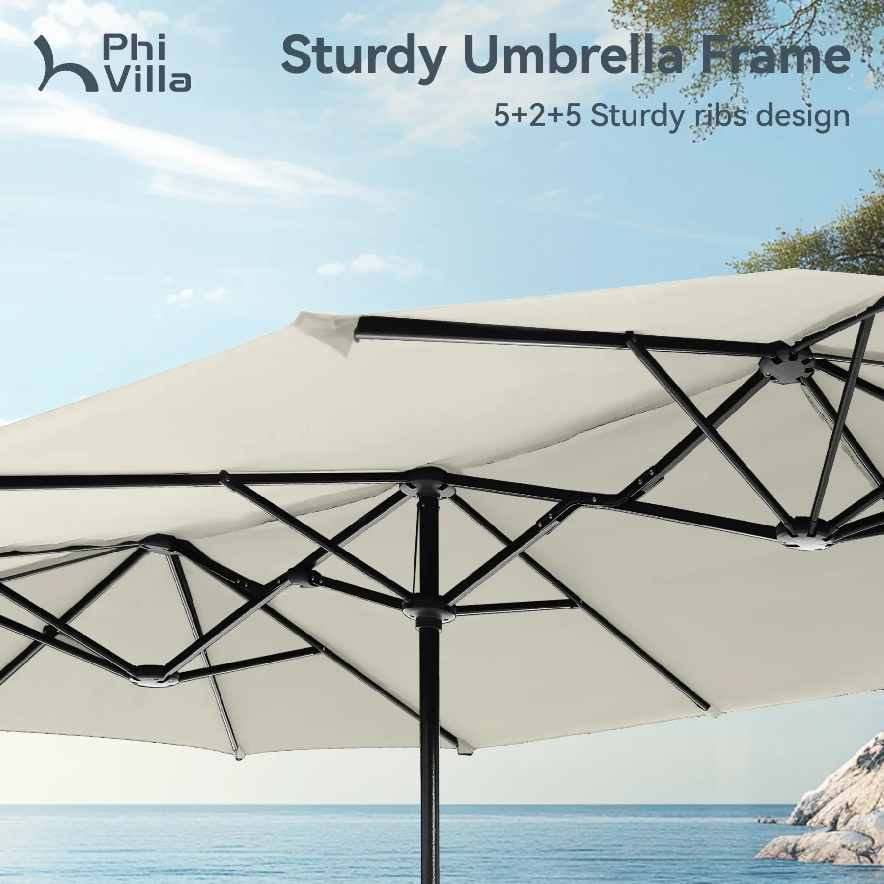 Sombrilla Solar para Patio de 15/13 pies con Base — Sombrilla Doble Extra Grande para Exteriores con 36 Luces LED y Manivela, Ideal para Jardín, Terraza, Piscina y Patio