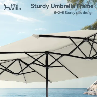 Sombrilla Solar para Patio de 15/13 pies con Base — Sombrilla Doble Extra Grande para Exteriores con 36 Luces LED y Manivela, Ideal para Jardín, Terraza, Piscina y Patio