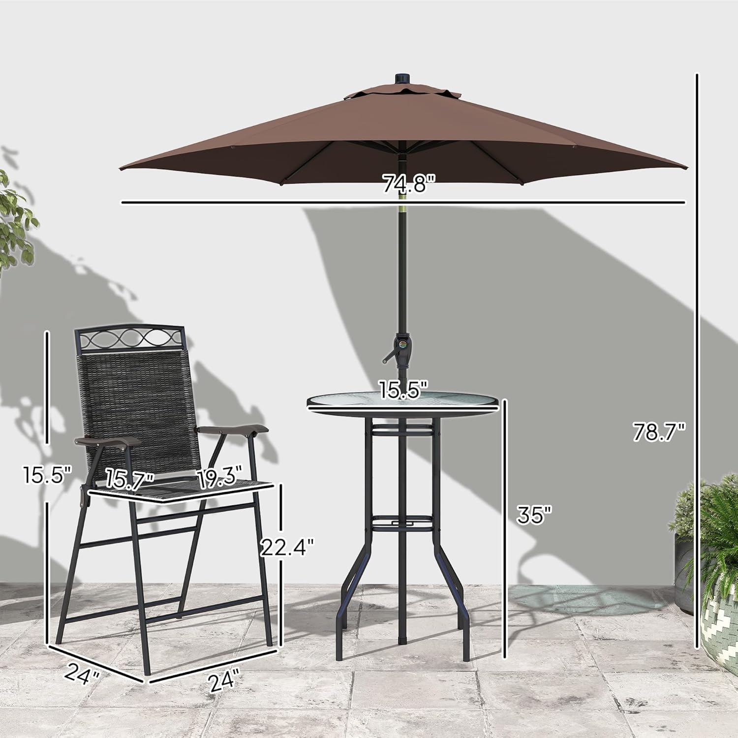 Outsunny - Juego de 4 Muebles de Comedor para Patio al Aire última intervensión, 2 sillas Plegables, Paraguas de ángulo Ajustable, Mesa de Comedor de Vidrio Templado con Textura Ondulada, Color café
