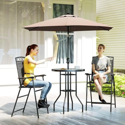 Outsunny - Juego de 4 Muebles de Comedor para Patio al Aire última intervensión, 2 sillas Plegables, Paraguas de ángulo Ajustable, Mesa de Comedor de Vidrio Templado con Textura Ondulada, Color café