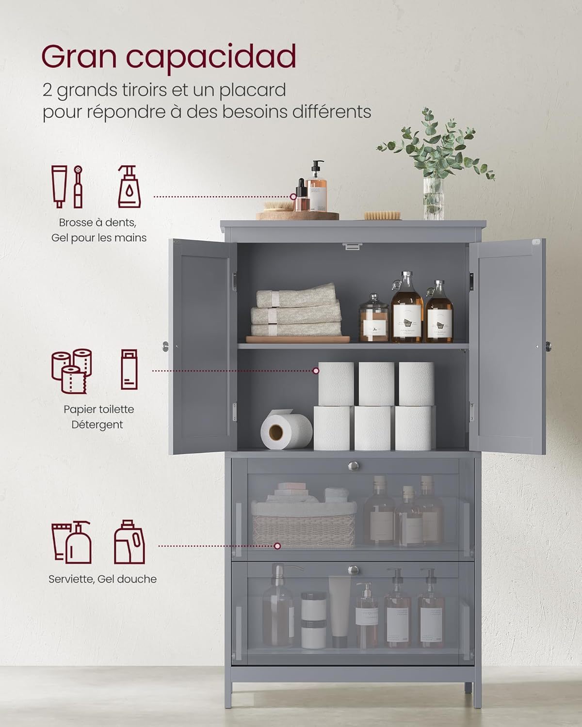 VASAGLE Mueble de Baño, Armario de Baño, Armario de Cocina, con 2 Puertas y 2 Cajones, Estantes Ajustables, 30 x 60 x 110 cm, Gris Paloma MBBC551G02