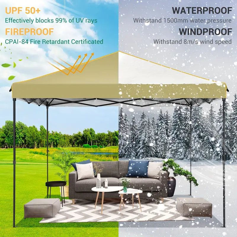 Gazebo con toldo emergente de tela Oxford impermeable portátil de 10x10 con ventanas de malla - Fácil de instalar, 4 estacas y cuerda - Adecuado para 8 personas, normalmente impermeable, soportes de aleación, cierre de cremallera