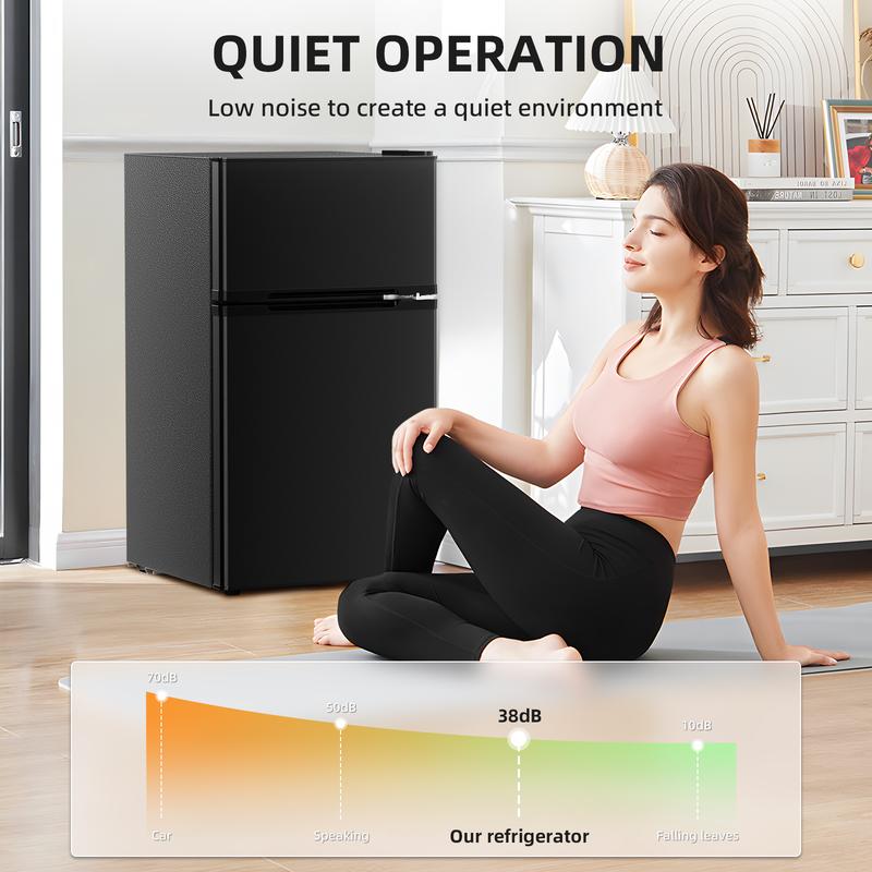 [Existencias limitadas] Mininevera de 3,2 pies cúbicos con congelador; refrigerador compacto de doble puerta con estantes ajustables y extraíbles, ideal para dormitorios, apartamentos, oficinas o sótanos.
