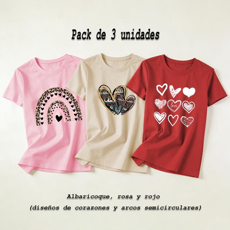 Camiseta de manga corta con cuello redondo elástico para mujer, ideal para llevar en casa o salir, muy versátil y práctica (pack de 3)