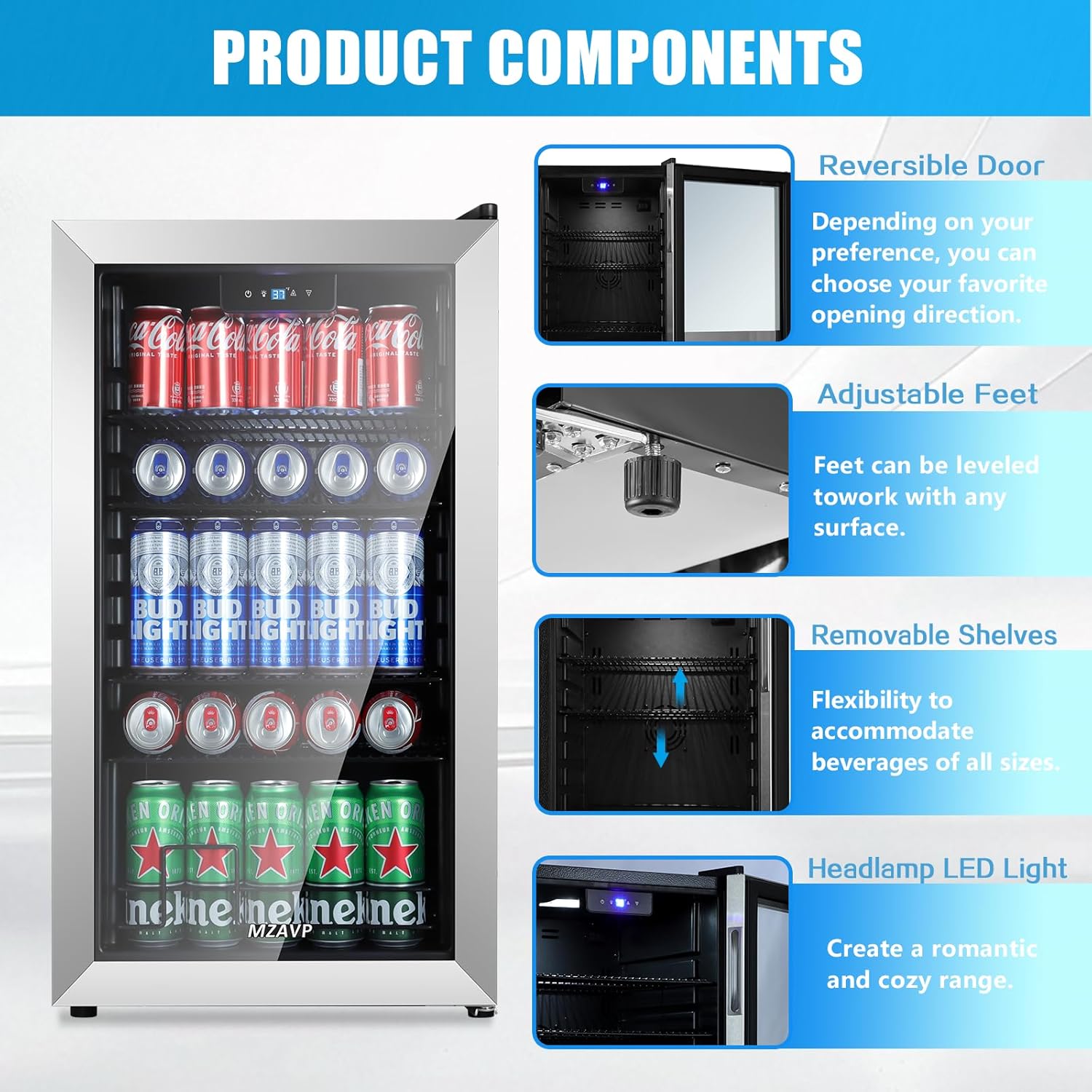 MZAVP - Refrigerador de bebidas con 120 latas, no empotrado o integrado para bebidas con puerta de vidrio, mini refrigerador de cerveza para oficina o bar, luz indicadora blanca y puerta reversible