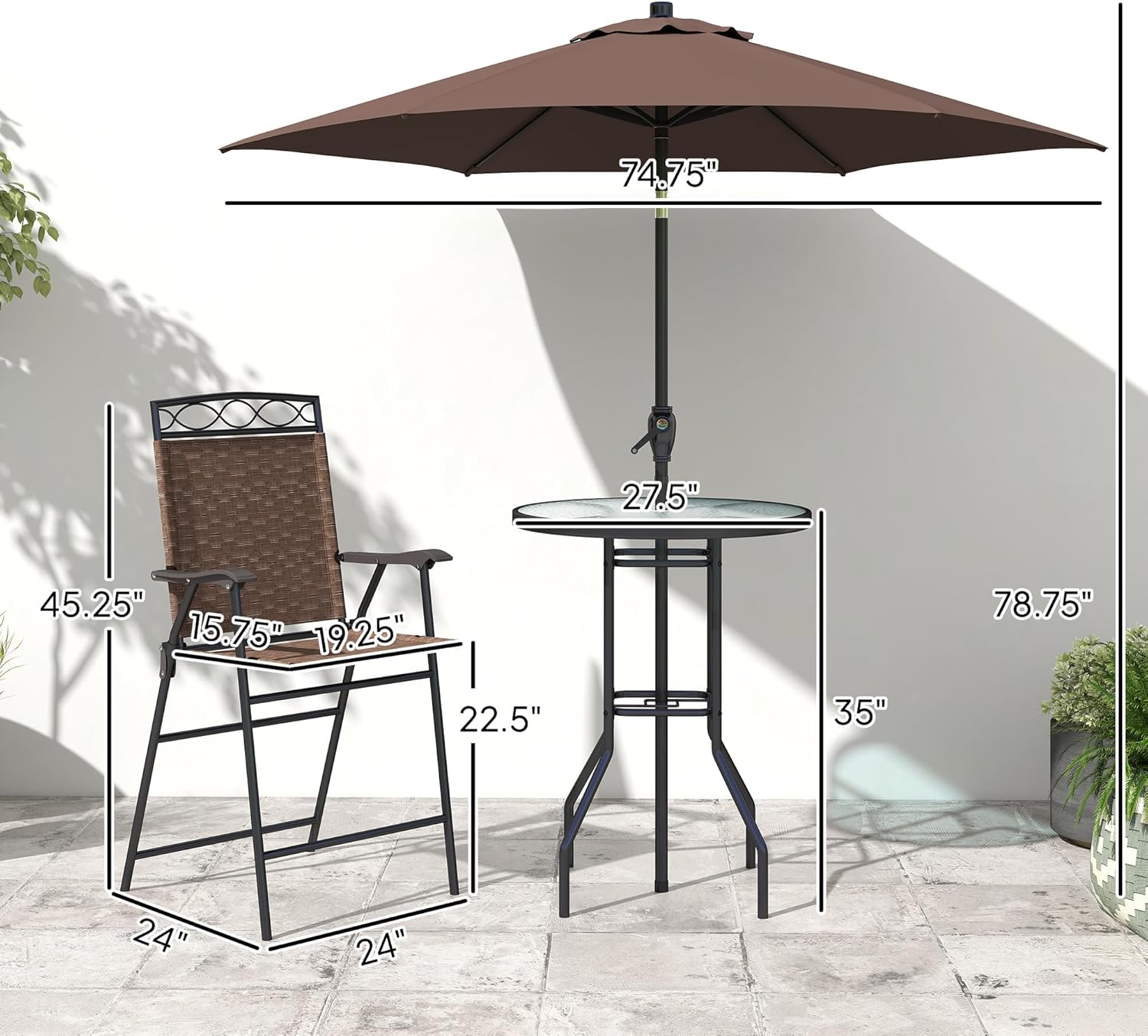 Outsunny - Juego de 4 Muebles de Comedor para Patio al Aire última intervensión, 2 sillas Plegables, Paraguas de ángulo Ajustable, Mesa de Comedor de Vidrio Templado con Textura Ondulada, Color café
