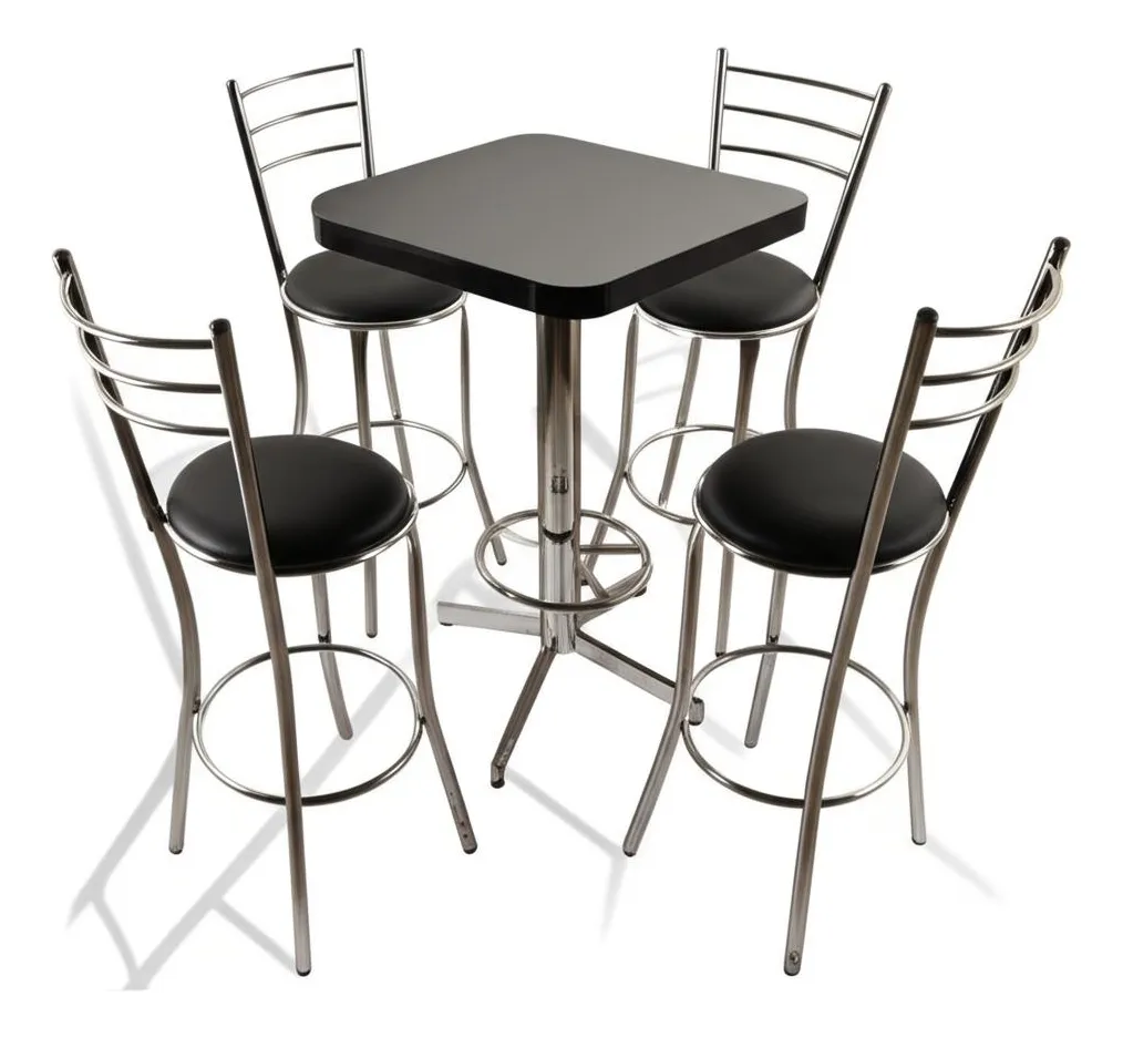 Mesa Periquera Con Bancos Restaurante Bar Lounge Cafetería Color Cromo/Negro