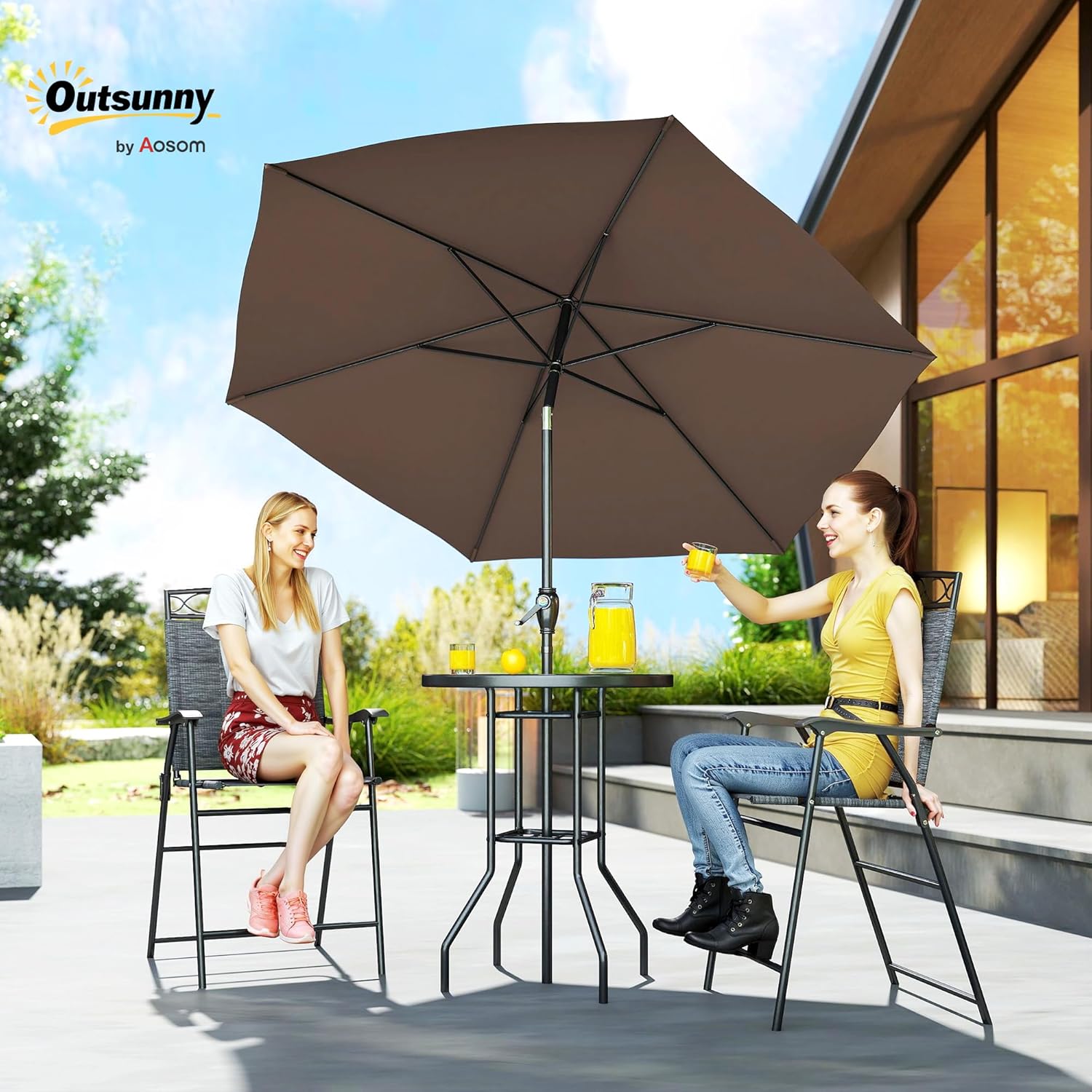 Outsunny - Juego de 4 Muebles de Comedor para Patio al Aire última intervensión, 2 sillas Plegables, Paraguas de ángulo Ajustable, Mesa de Comedor de Vidrio Templado con Textura Ondulada, Color café