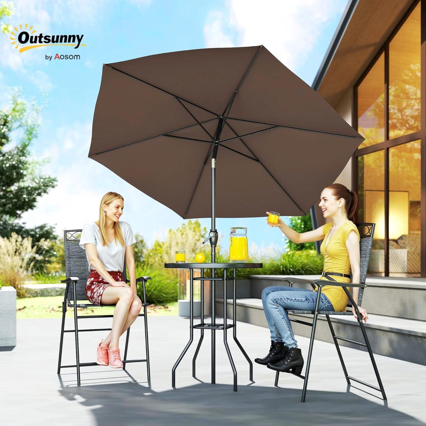 Outsunny - Juego de 4 Muebles de Comedor para Patio al Aire última intervensión, 2 sillas Plegables, Paraguas de ángulo Ajustable, Mesa de Comedor de Vidrio Templado con Textura Ondulada, Color café