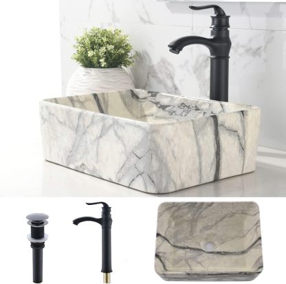 VOKIM - Conjunto de fregadero y llave de baño de 20 x 14 pulgadas, rectángulo moderno sobre el mostrador, porcelana negra, lavabo de cerámica y llave de bronce aceitado
