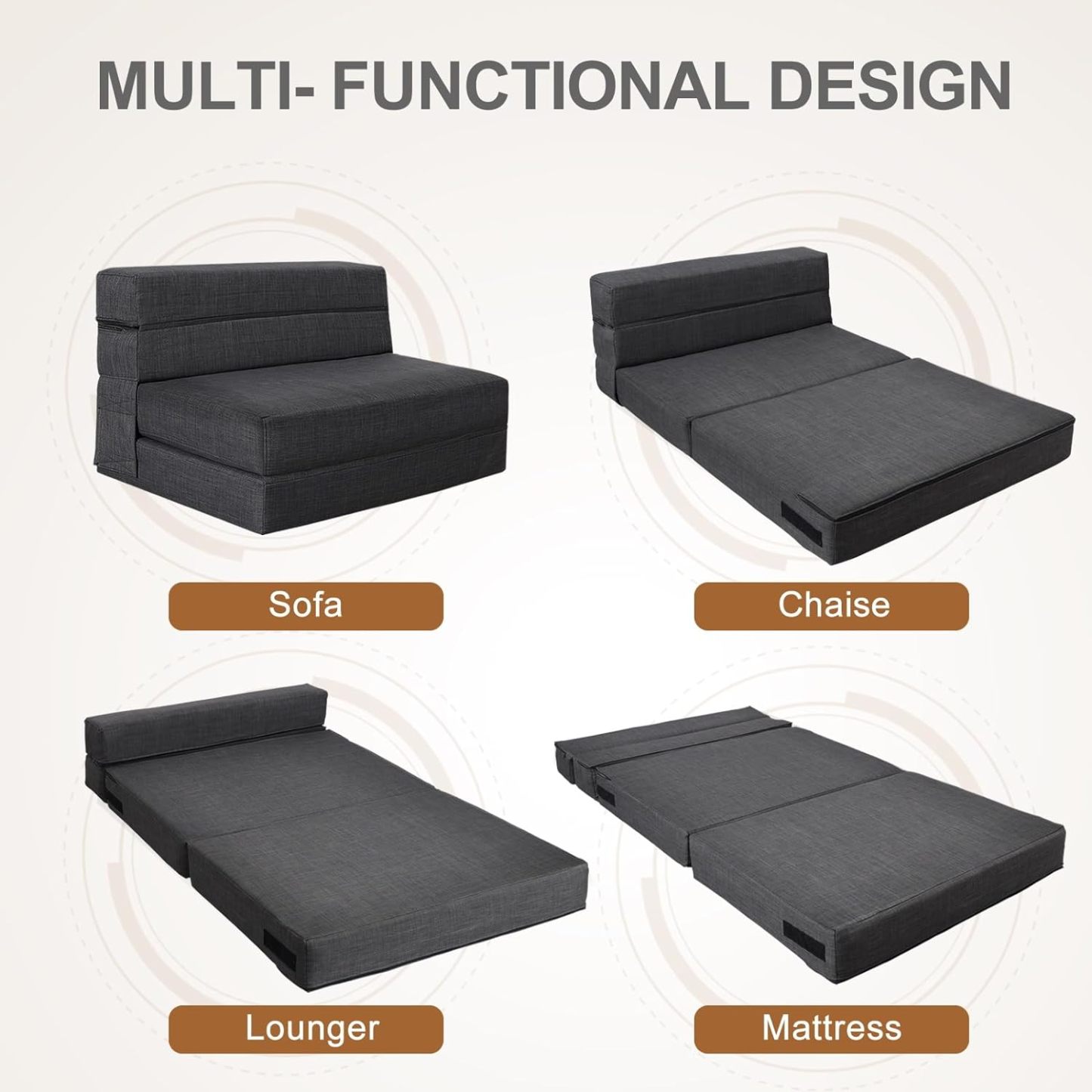 Nigoone - Sofá plegable tamaño Queen de espuma viscoelástica con 2 almohadas, sillón perezoso, triple futón, camas convertibles, funda lavable, gris oscuro