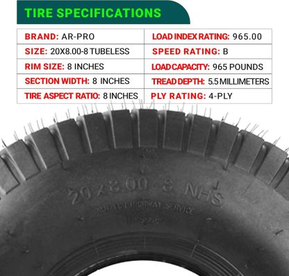 AR-PRO Paquete de 2 neumáticos para cortacésped de 20 x 8.00-8 (4 capas sin cámara), neumáticos sin cámara de repuesto para cortacésped, carritos de golf y ATV, llanta no incluida