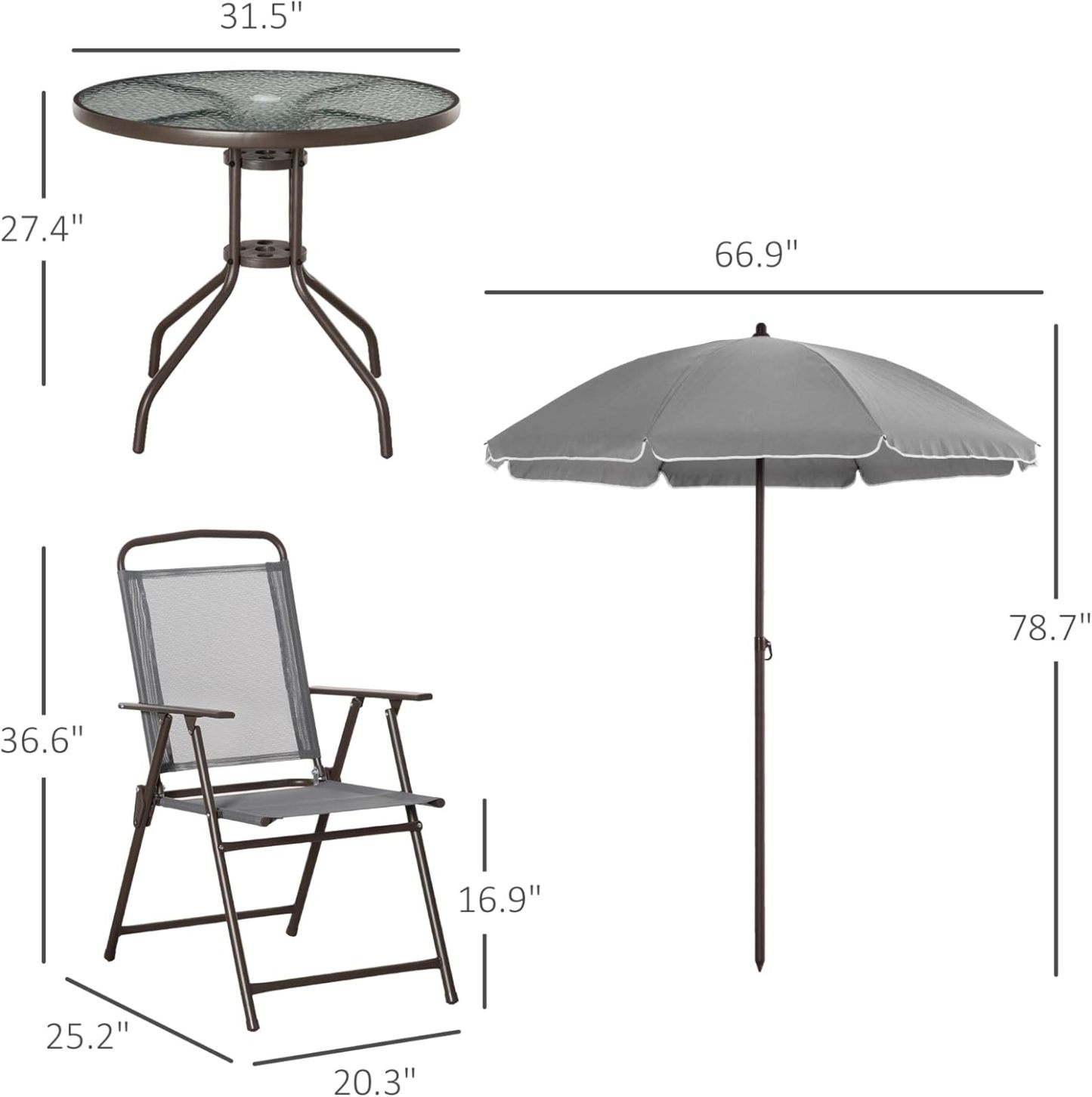 Outsunny - Juego de comedor de 6 piezas para 4 con paraguas, mesa y sillas al aire última intervensión con 4 sillas de comedor plegables y mesa redonda de vidrio para jardín, patio trasero y piscina