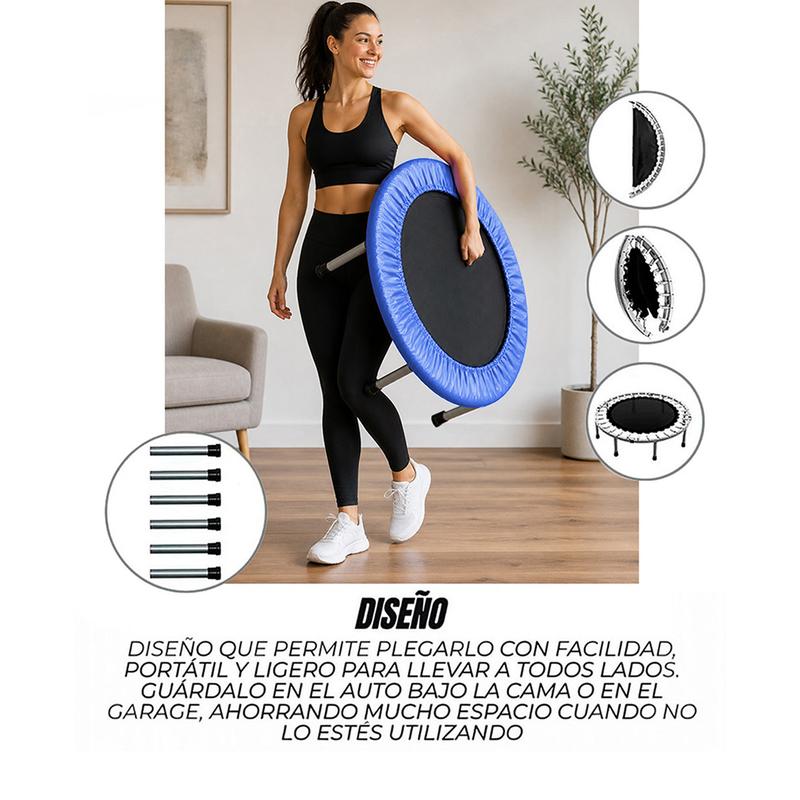 Trampolín para ejercicio compacto y ligero en casa con 24 resortes, diámetro 93 cm, brincolín fitness para adultos ideal para gimnasio y hogar.