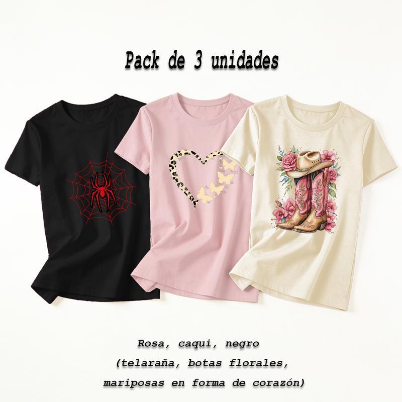 Camiseta de manga corta con cuello redondo elástico para mujer, ideal para llevar en casa o salir, muy versátil y práctica (pack de 3)
