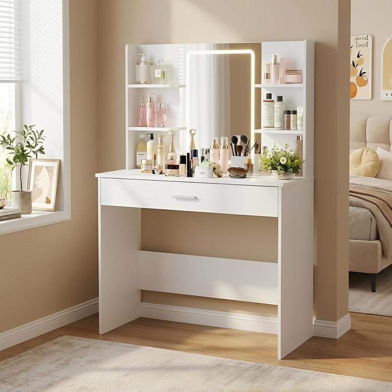 Tocador Moderno con Espejo, Mesa de Maquillaje con Cajón y Estantes, Organizador de Cosméticos para Dormitorio, Blanco