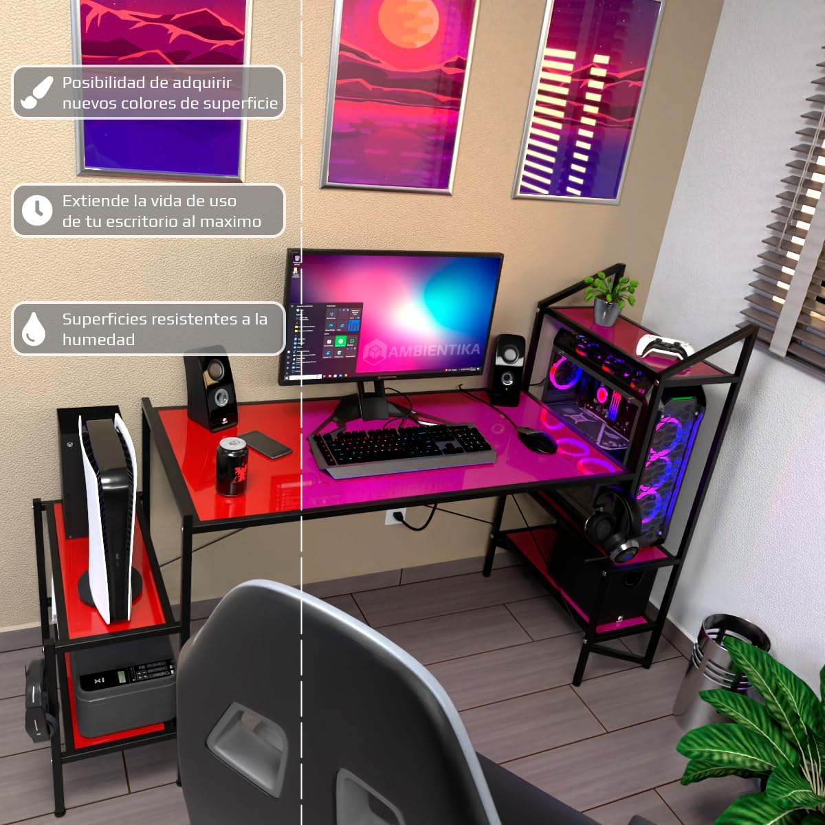 Ambientika Desk-Top Modelo J Escritorio Gamer Moderno para PC Computadora/Estacion de Trabajo y Juegos / 5 Repisas (-Rojo)