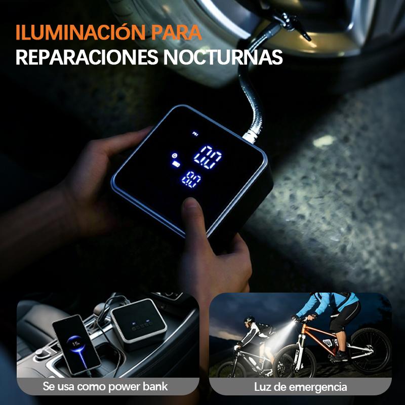 Inflador eléctrico portátil 5 en 1 con pantalla digital y función de apagado automático. Adecuado para coche, moto, bici y balón. Cuenta con batería recargable y modo power bank. Diseño ligero, inalámbrico y fácil de guardar, ideal para viajes y emergenci