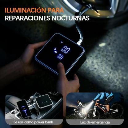 Inflador eléctrico portátil 5 en 1 con pantalla digital y función de apagado automático. Adecuado para coche, moto, bici y balón. Cuenta con batería recargable y modo power bank. Diseño ligero, inalámbrico y fácil de guardar, ideal para viajes y emergenci