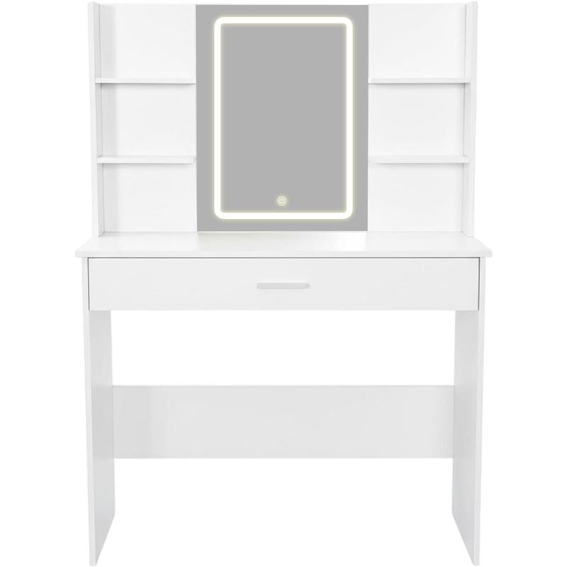 Tocador Moderno con Espejo, Mesa de Maquillaje con Cajón y Estantes, Organizador de Cosméticos para Dormitorio, Blanco