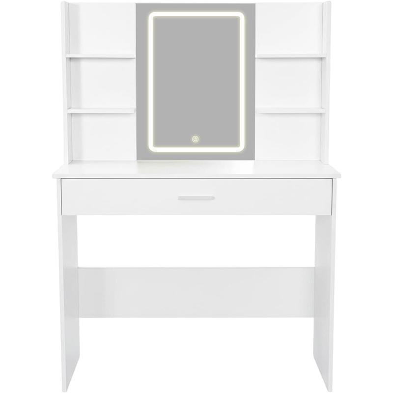 Tocador Moderno con Espejo, Mesa de Maquillaje con Cajón y Estantes, Organizador de Cosméticos para Dormitorio, Blanco