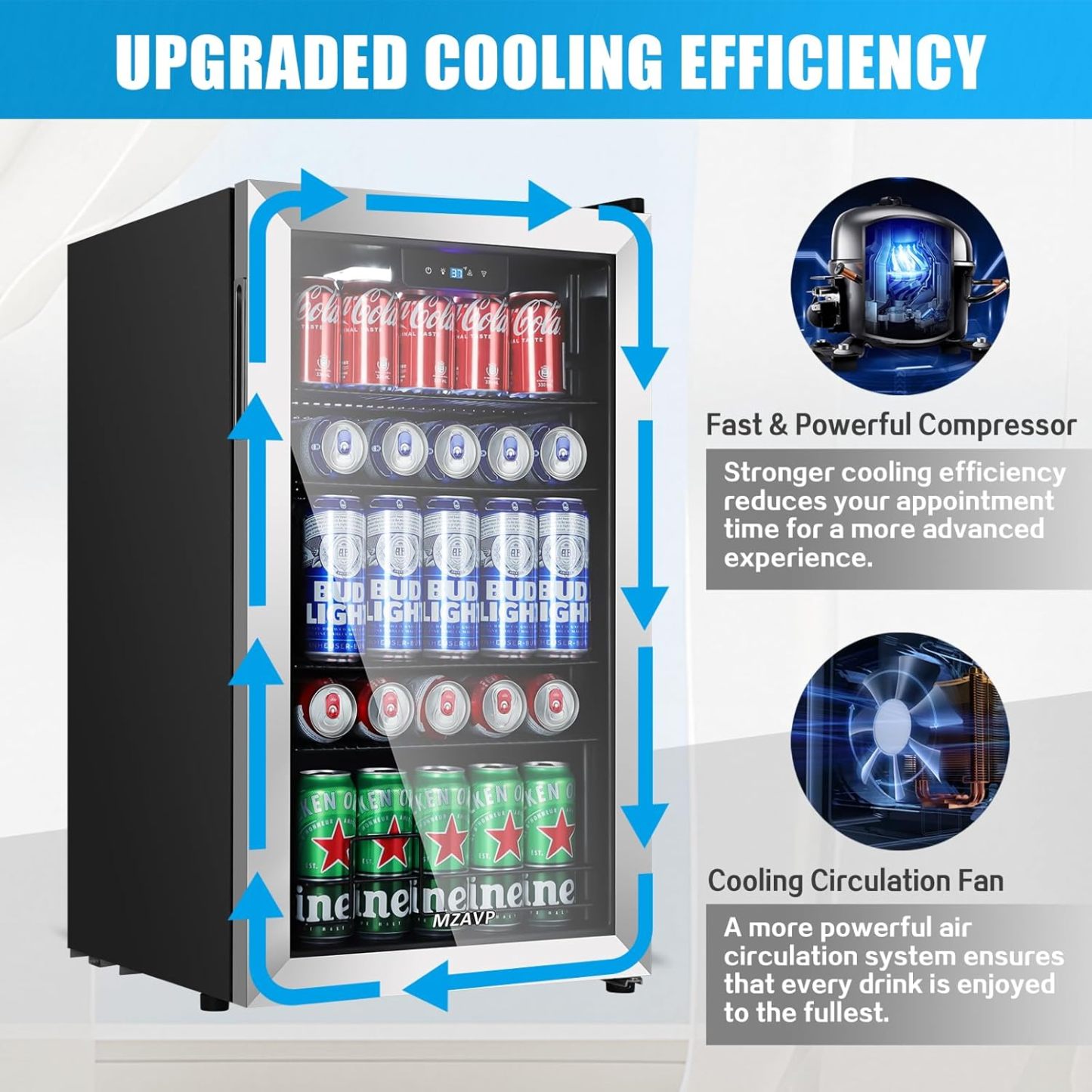 MZAVP - Refrigerador de bebidas con 120 latas, no empotrado o integrado para bebidas con puerta de vidrio, mini refrigerador de cerveza para oficina o bar, luz indicadora blanca y puerta reversible