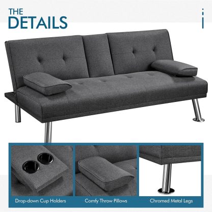 Yaheetech - Sofá cama convertible de tela de lino reclinable, con portavasos y reposabrazos extraíbles, soporta 350 kg