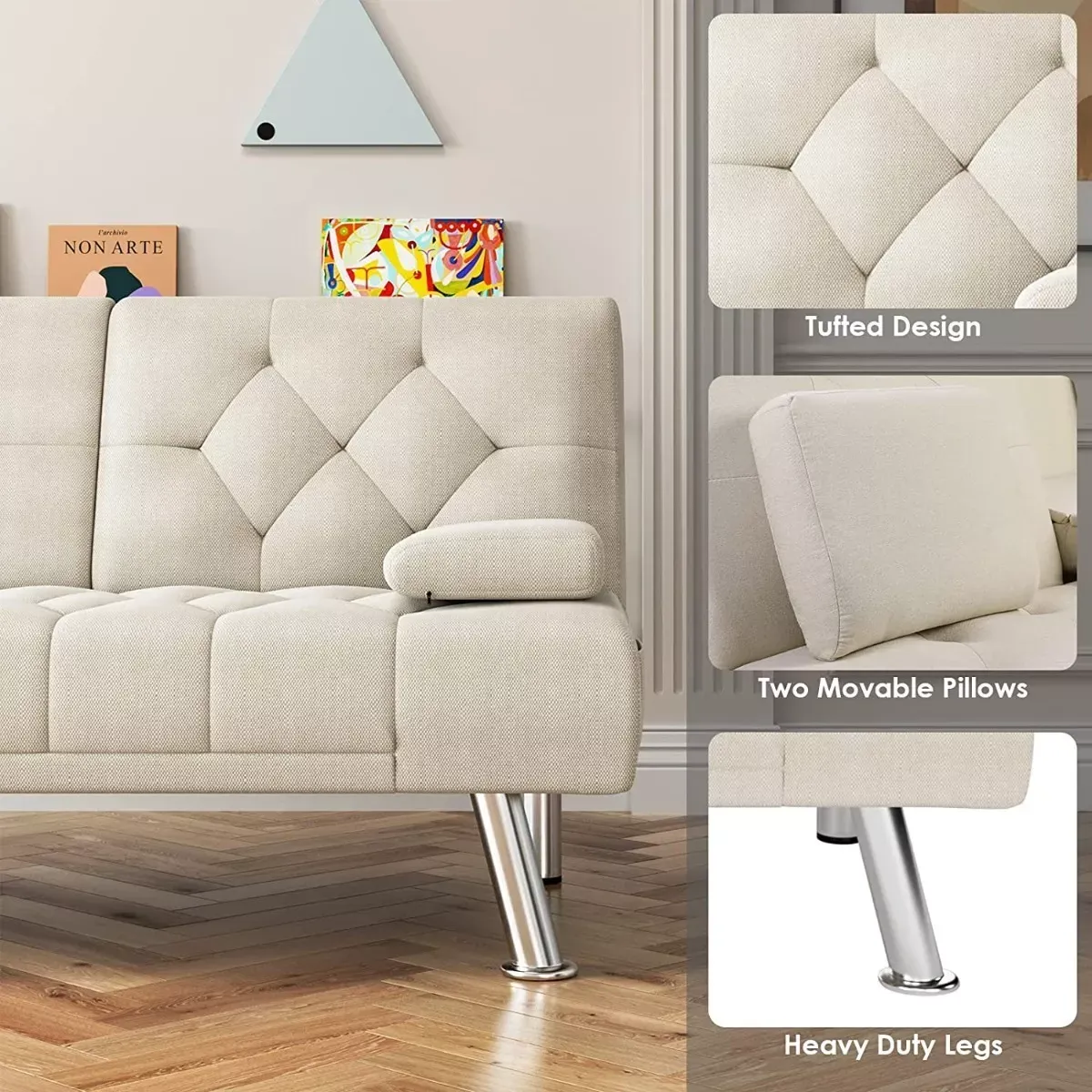 Sofá cama futón plegable portavasos de piel sintética marrón