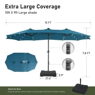 Phivilla Home – Sombrilla grande para patio exterior de 15 pies con base – Opción de luz LED, doble cara, manivela, impermeable