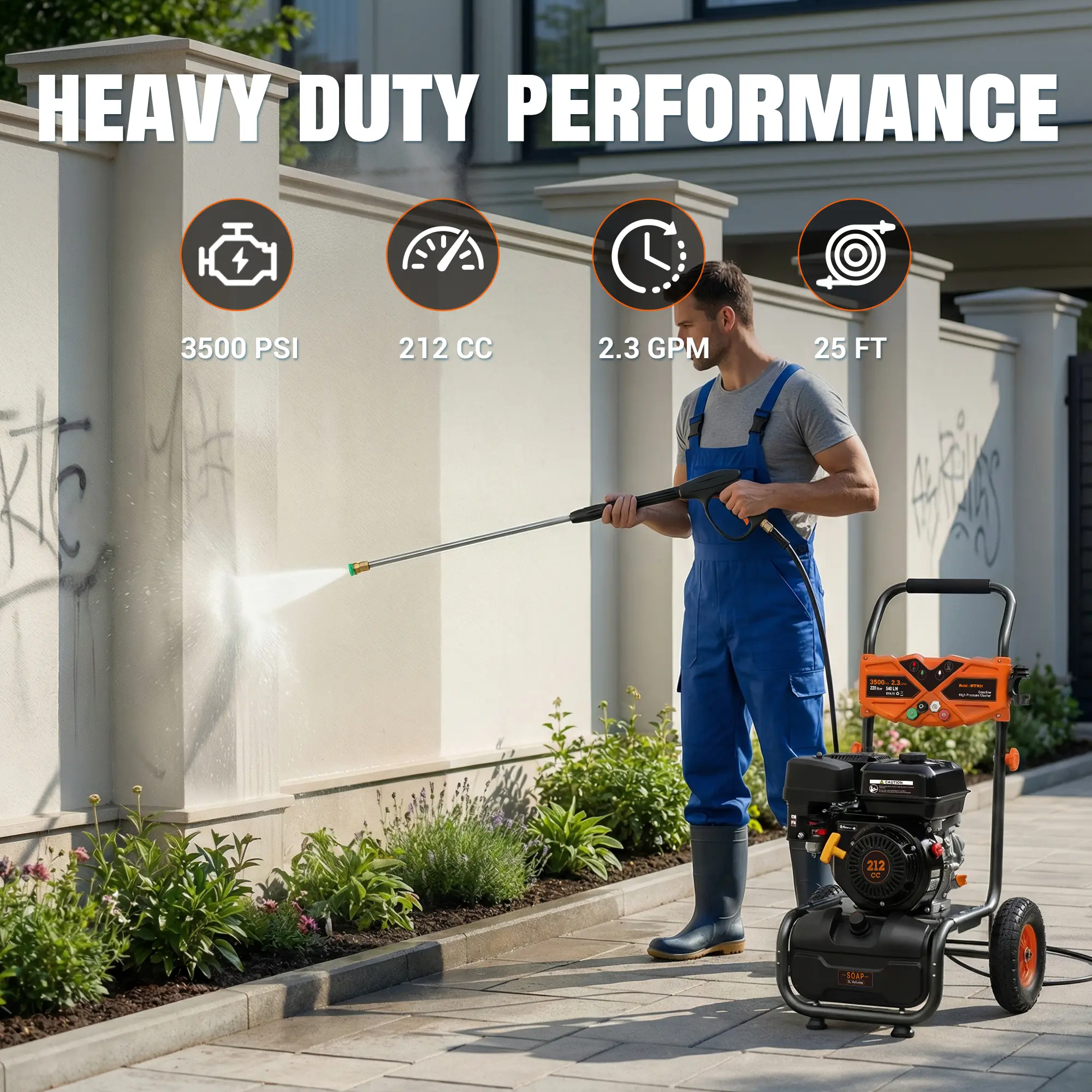 Hidrolavadora a gasolina Efurden de 3500 PSI y 2.3 GPM — Hidrolavadora de alta potencia y uso rudo, con motor de 209 cc y 7 HP, manguera de presión de 25 pies, bomba axial de aluminio, tanque para jabón y 4 boquillas de conexión rápida.