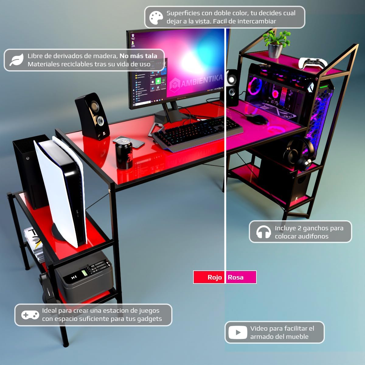 Ambientika Desk-Top Modelo J Escritorio Gamer Moderno para PC Computadora/Estacion de Trabajo y Juegos / 5 Repisas (-Rojo)