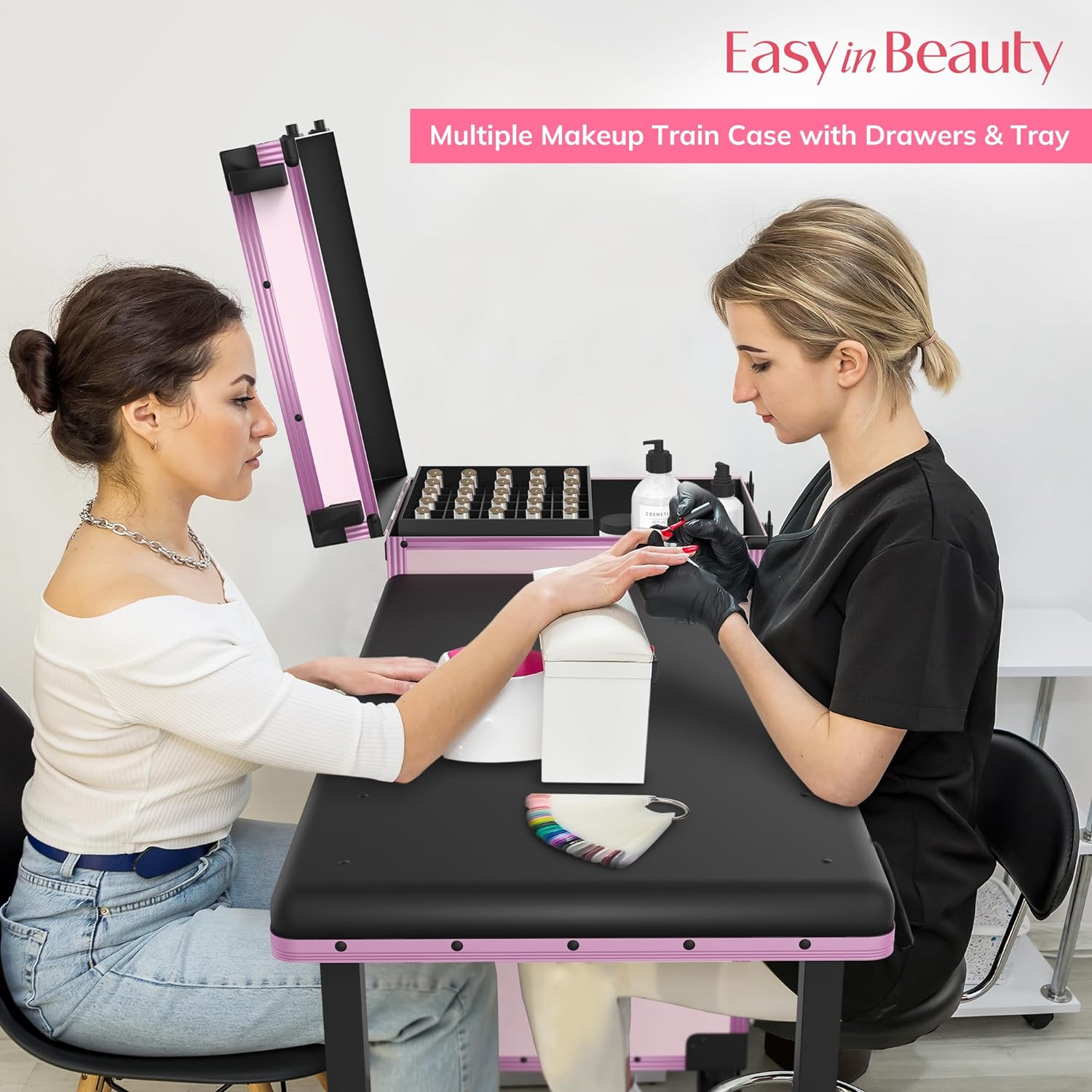 EASYINBEAUTY - Mesa de manicura portátil con 3 cajones, organizador de espejo y esmalte de uñas, estuche de tren de maquillaje con cerradura con computadora de uñas plegable, estuche de viaje