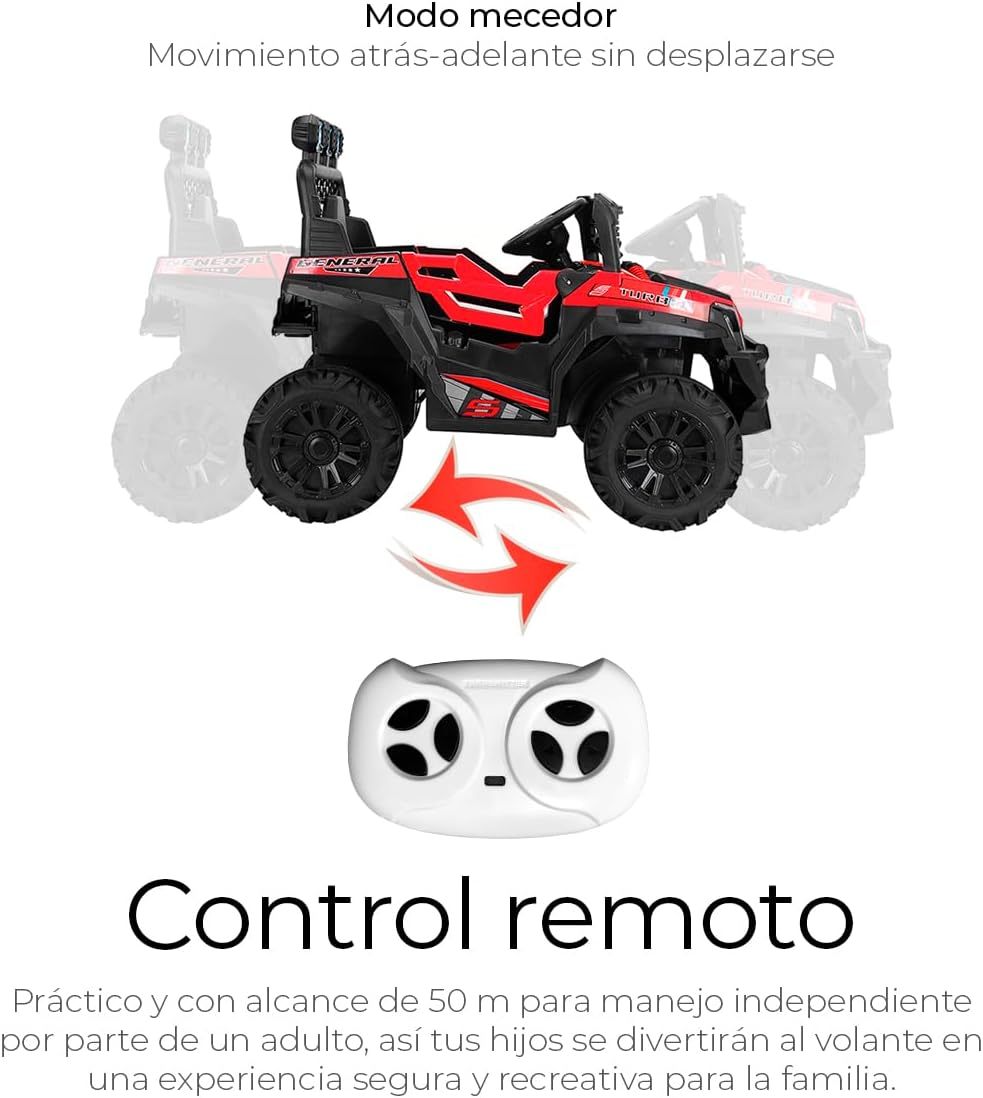 Raganet, Buggy Electrico Montable para Niños Color Rojo, Carrito de Control Remoto y Manejo Directo, con Luces, Estereo y Pedales Funcionales, Medidas: Alto 76cm X Ancho 68cm X Largo 109cm
