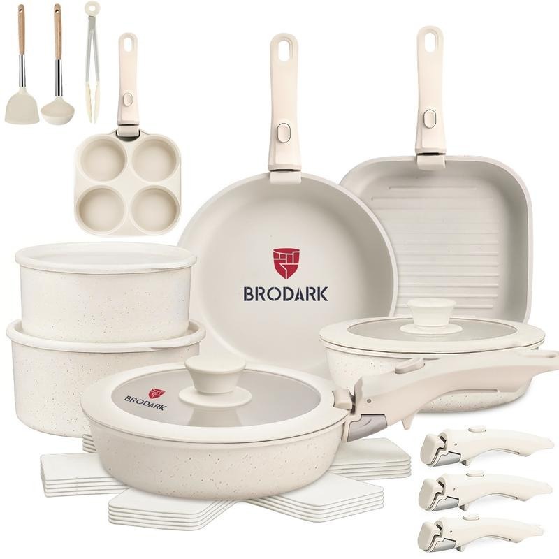 Brodark Batería De Cocina Juego De Sartenes 7/18/20/22 Piezas De Utensilios Antiadherentes Ollas Y Sartenes Medical Stone Con Mangos Desmontables Y Tapas De Vidrio, Compatible Con Inducción Gas Y Horno, Esquema de colores de la dopamina