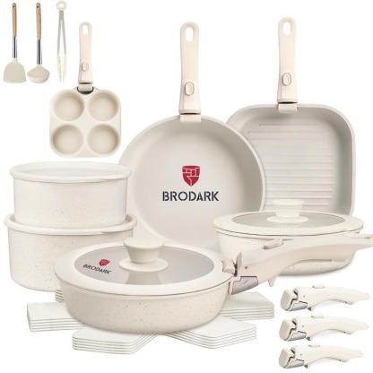 Brodark Batería De Cocina Juego De Sartenes 7/18/20/22 Piezas De Utensilios Antiadherentes Ollas Y Sartenes Medical Stone Con Mangos Desmontables Y Tapas De Vidrio, Compatible Con Inducción Gas Y Horno, Esquema de colores de la dopamina