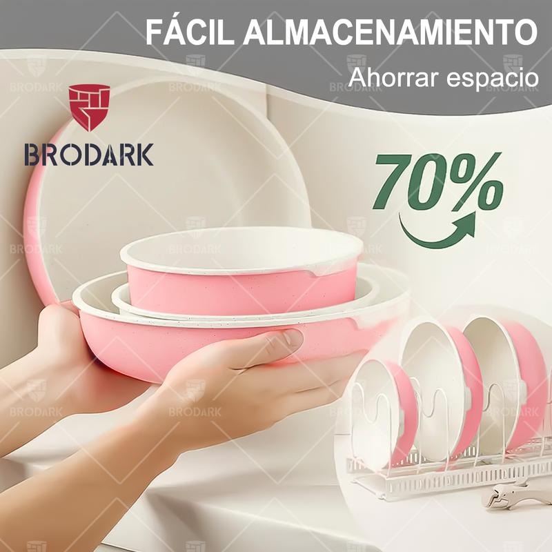 Brodark Batería De Cocina Juego De Sartenes 7/18/20/22 Piezas De Utensilios Antiadherentes Ollas Y Sartenes Medical Stone Con Mangos Desmontables Y Tapas De Vidrio, Compatible Con Inducción Gas Y Horno, Esquema de colores de la dopamina