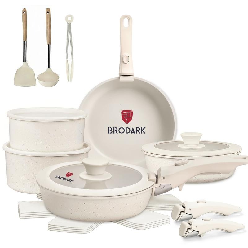 Brodark Batería De Cocina Juego De Sartenes 7/18/20/22 Piezas De Utensilios Antiadherentes Ollas Y Sartenes Medical Stone Con Mangos Desmontables Y Tapas De Vidrio, Compatible Con Inducción Gas Y Horno, Esquema de colores de la dopamina