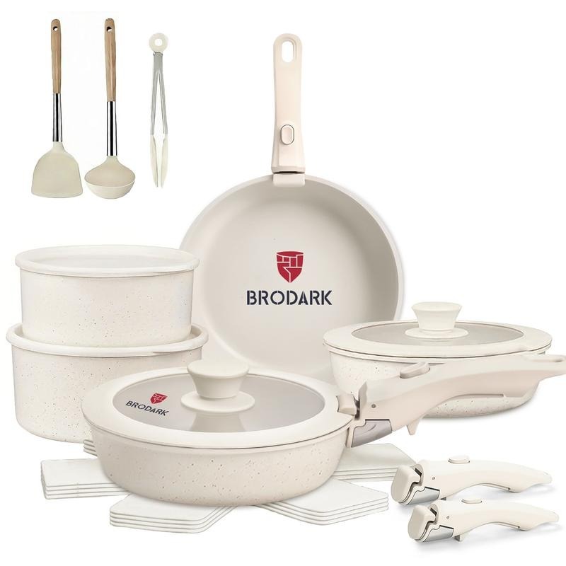 Brodark Batería De Cocina Juego De Sartenes 7/18/20/22 Piezas De Utensilios Antiadherentes Ollas Y Sartenes Medical Stone Con Mangos Desmontables Y Tapas De Vidrio, Compatible Con Inducción Gas Y Horno, Esquema de colores de la dopamina