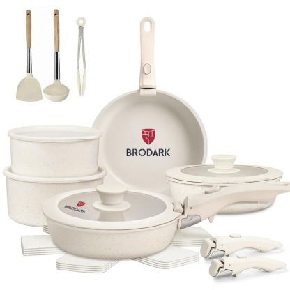 Brodark Batería De Cocina Juego De Sartenes 7/18/20/22 Piezas De Utensilios Antiadherentes Ollas Y Sartenes Medical Stone Con Mangos Desmontables Y Tapas De Vidrio, Compatible Con Inducción Gas Y Horno, Esquema de colores de la dopamina