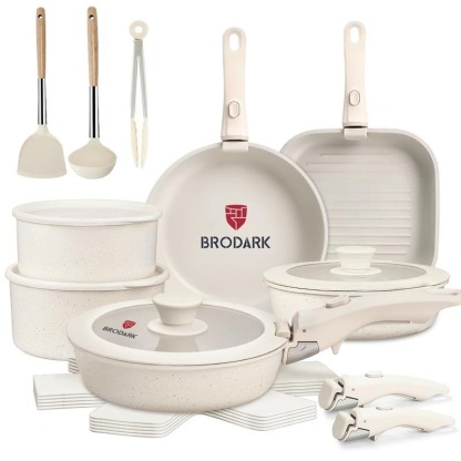 Brodark Batería De Cocina Juego De Sartenes 7/18/20/22 Piezas De Utensilios Antiadherentes Ollas Y Sartenes Medical Stone Con Mangos Desmontables Y Tapas De Vidrio, Compatible Con Inducción Gas Y Horno, Esquema de colores de la dopamina