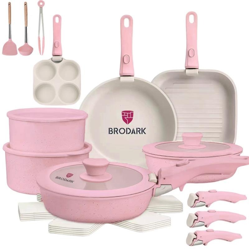 Brodark Batería De Cocina Juego De Sartenes 7/18/20/22 Piezas De Utensilios Antiadherentes Ollas Y Sartenes Medical Stone Con Mangos Desmontables Y Tapas De Vidrio, Compatible Con Inducción Gas Y Horno, Esquema de colores de la dopamina