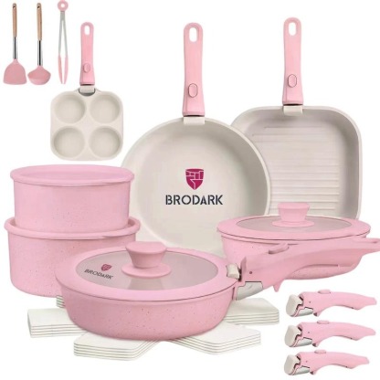 Brodark Batería De Cocina Juego De Sartenes 7/18/20/22 Piezas De Utensilios Antiadherentes Ollas Y Sartenes Medical Stone Con Mangos Desmontables Y Tapas De Vidrio, Compatible Con Inducción Gas Y Horno, Esquema de colores de la dopamina