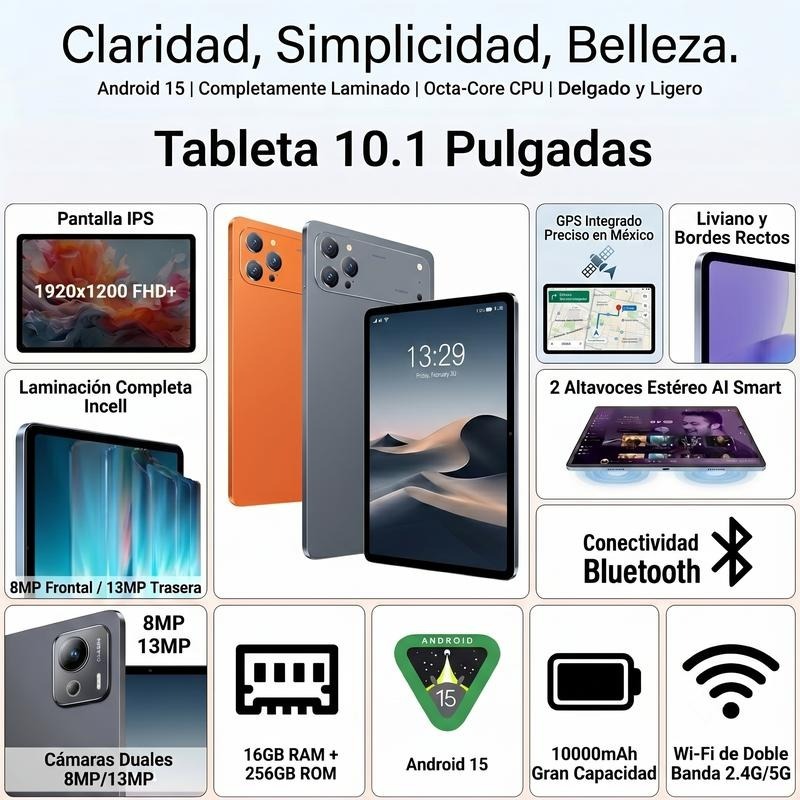 Tablet 10.1\" Android 15 Rendimiento Fluido | Octa-Core | 16GB+256GB | Pantalla HD | 10000mAh | WiFi 5G | Accesorios Incluidos